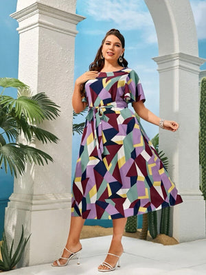 Geometric Print Oversize Sleeve Self Belt Plus Size Dress