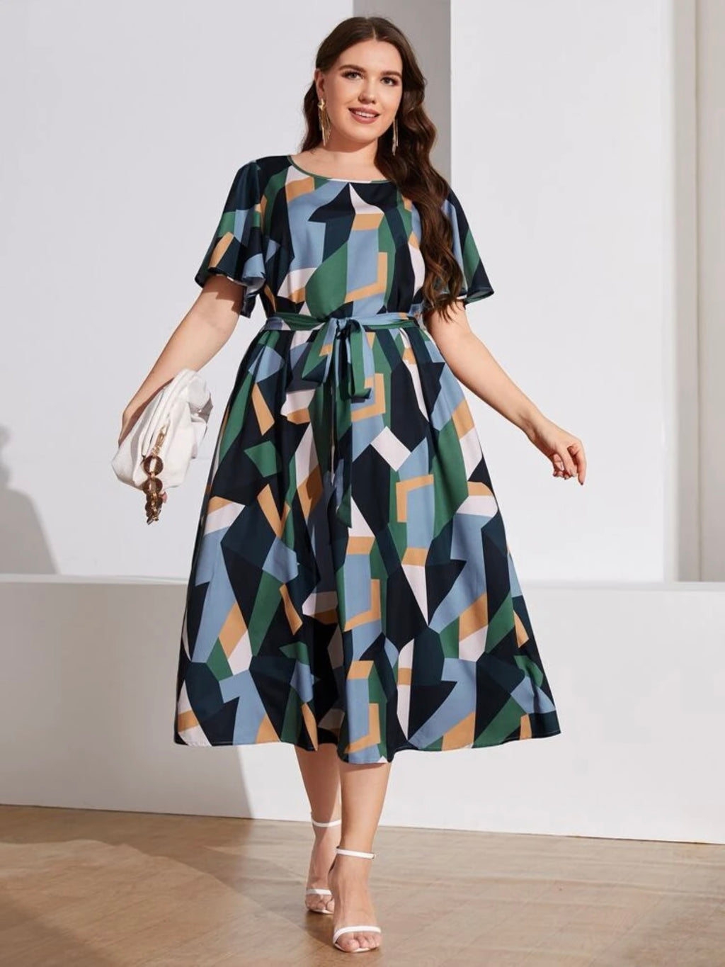 Geometric Print Oversize Sleeve Self Belt Plus Size Dress