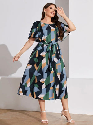Geometric Print Oversize Sleeve Self Belt Plus Size Dress