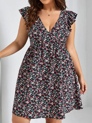 Ruffle Sleeve Ditsy Floral Plus Size Dress