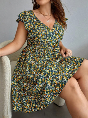 Ruffle Sleeve Ditsy Floral Plus Size Dress