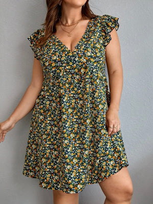 Ruffle Sleeve Ditsy Floral Plus Size Dress