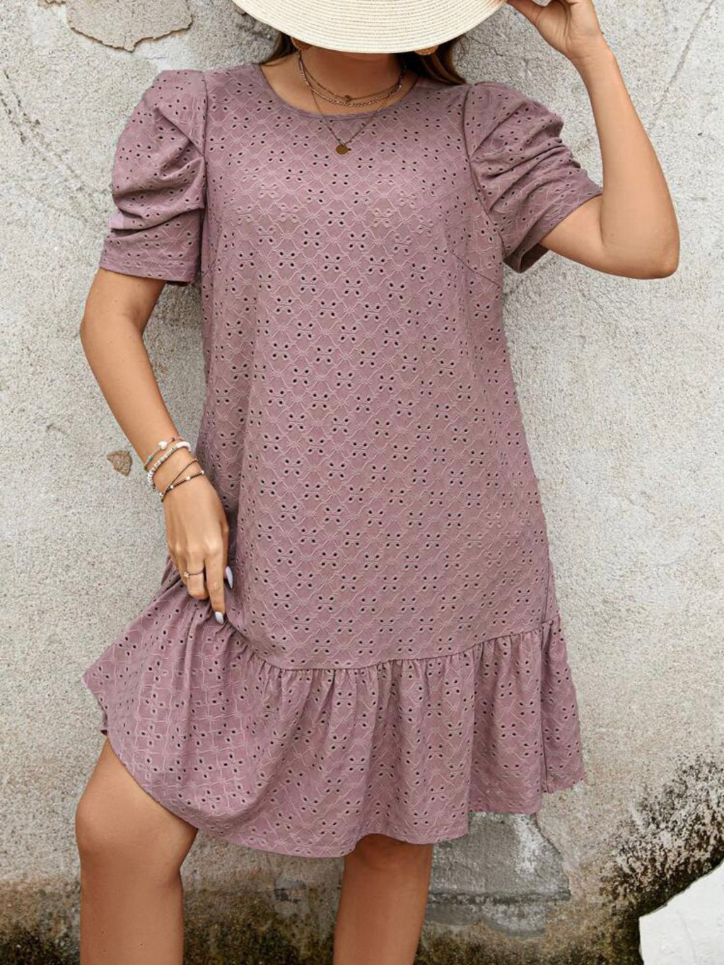 Ruched Sleeve Ruffle Hem Embroidery Lace Plus Size Dress