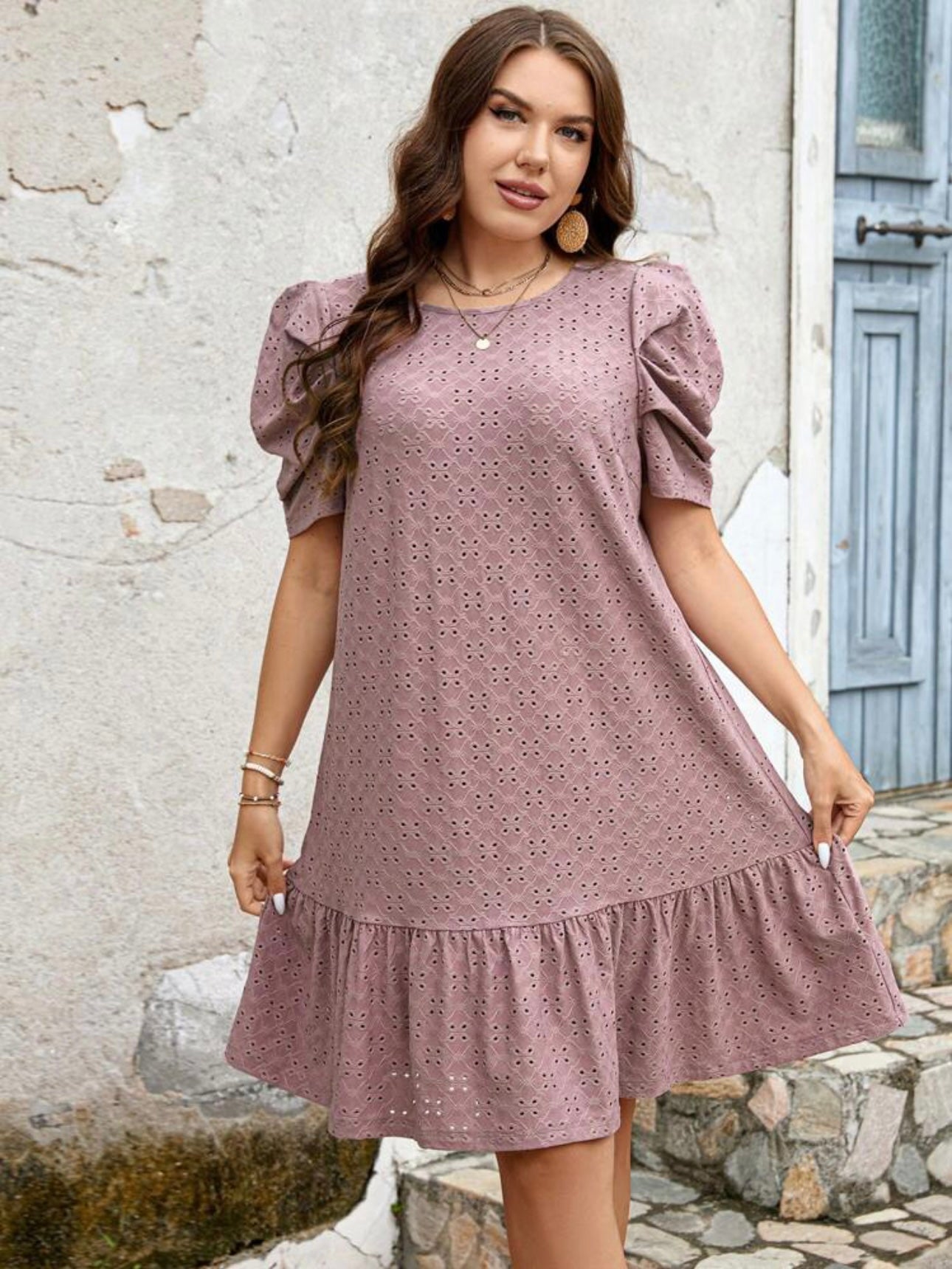 Ruched Sleeve Ruffle Hem Embroidery Lace Plus Size Dress