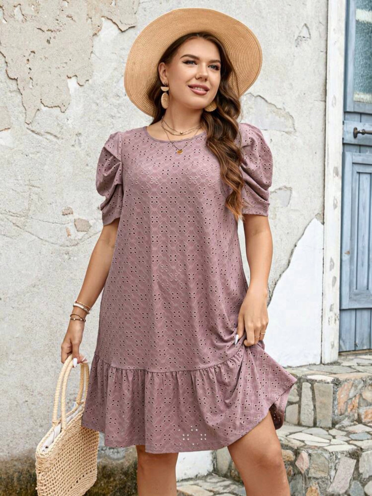 Ruched Sleeve Ruffle Hem Embroidery Lace Plus Size Dress