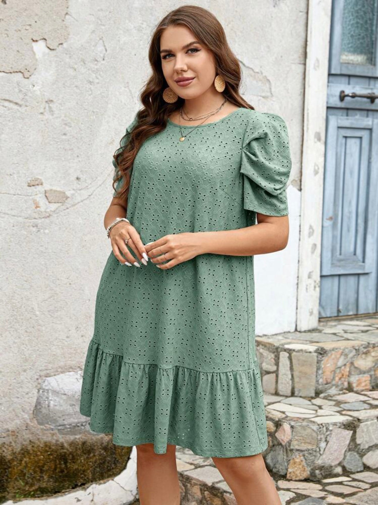 Ruched Sleeve Ruffle Hem Embroidery Lace Plus Size Dress