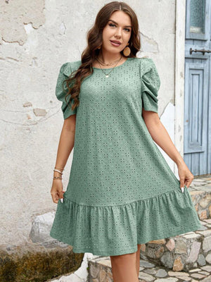 Ruched Sleeve Ruffle Hem Embroidery Lace Plus Size Dress