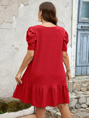 Ruched Sleeve Ruffle Hem Embroidery Lace Plus Size Dress