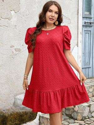 Ruched Sleeve Ruffle Hem Embroidery Lace Plus Size Dress