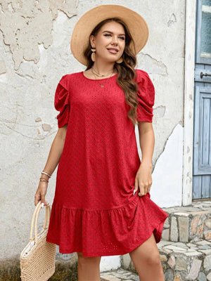 Ruched Sleeve Ruffle Hem Embroidery Lace Plus Size Dress