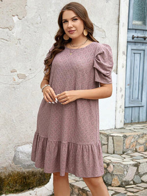 Ruched Sleeve Ruffle Hem Embroidery Lace Plus Size Dress