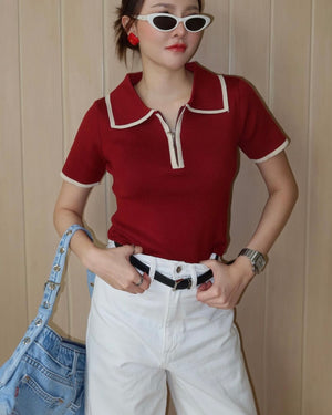 Zipper-up Collar Neck Two Tone Trim Knitted Top