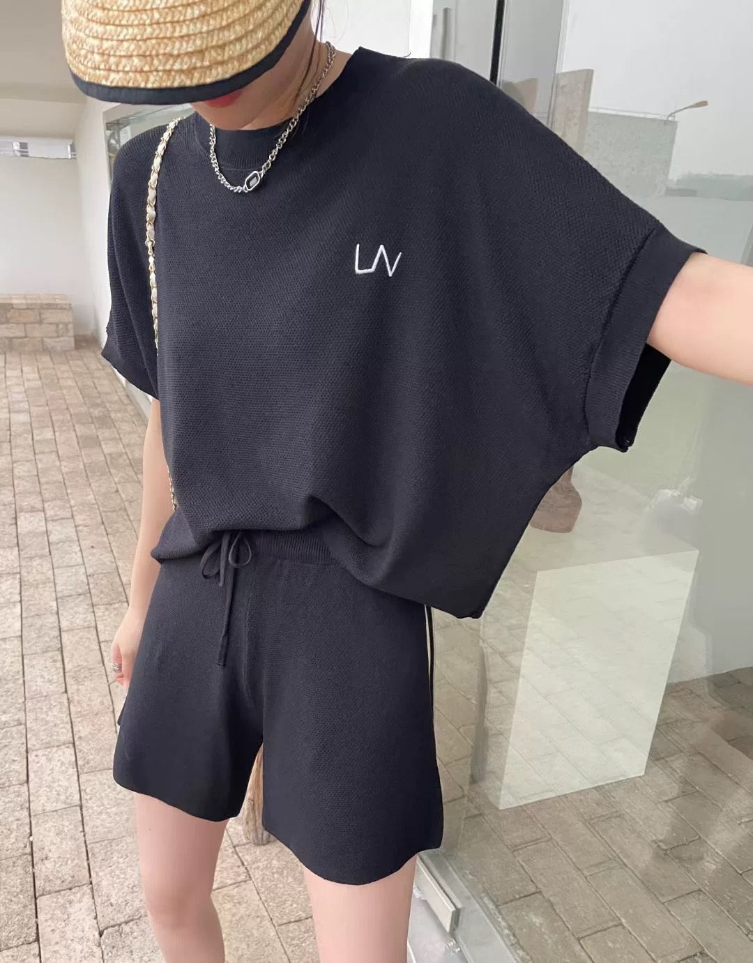 Embroidery Batwing Sleeve Top & Drawstring Garter Shorts Oversize Knitted Terno Set Coords