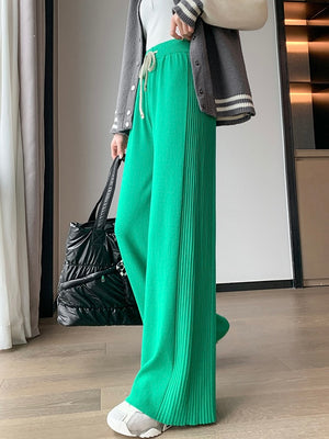 Embossed Detail Drawstring Garter Wide Leg Knitted Pants