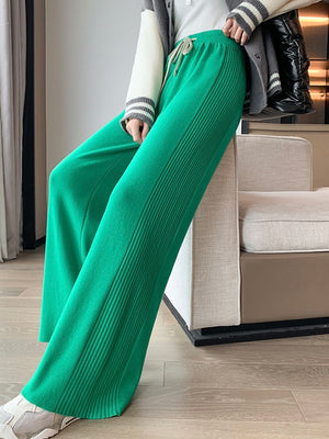 Embossed Detail Drawstring Garter Wide Leg Knitted Pants