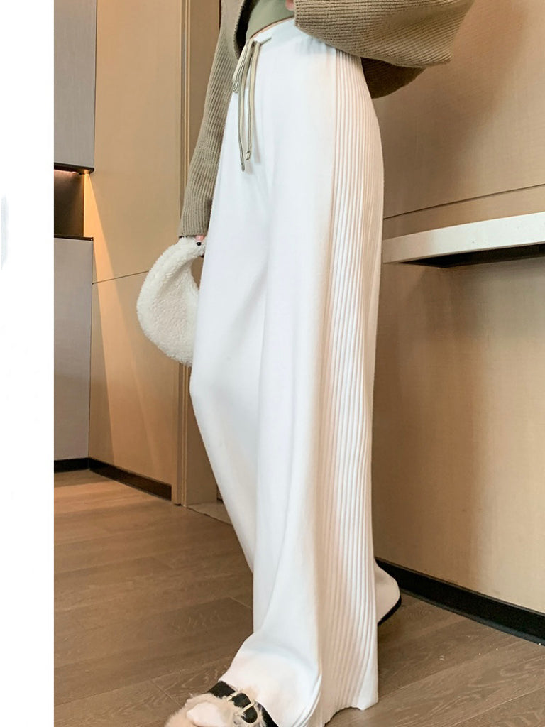 Embossed Detail Drawstring Garter Wide Leg Knitted Pants