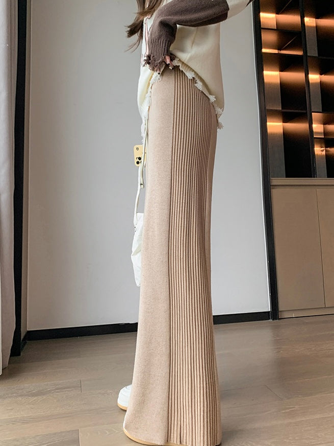 Embossed Detail Drawstring Garter Wide Leg Knitted Pants