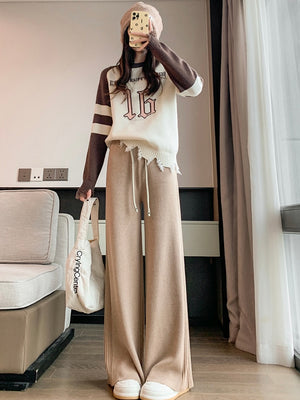 Embossed Detail Drawstring Garter Wide Leg Knitted Pants