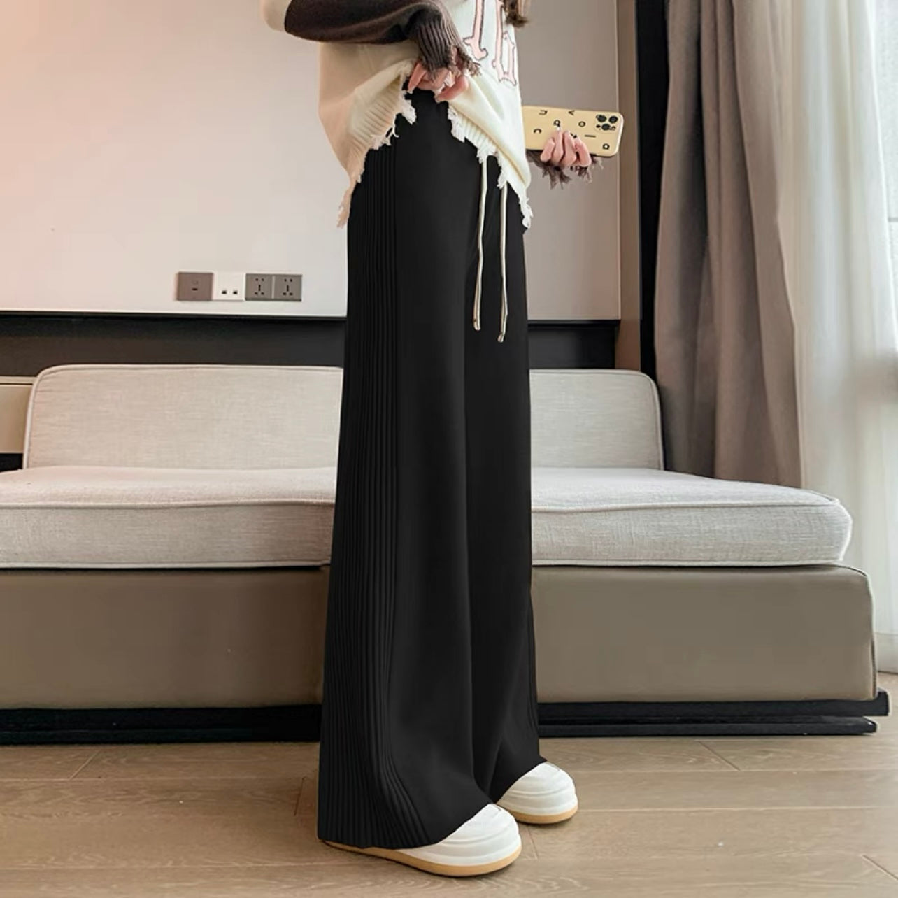 Embossed Detail Drawstring Garter Wide Leg Knitted Pants