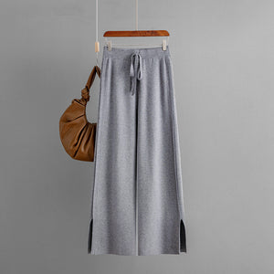 Side Slit Drawstring Garter Wide Leg Knitted Pants