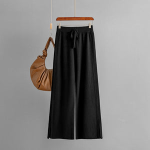 Side Slit Drawstring Garter Wide Leg Knitted Pants