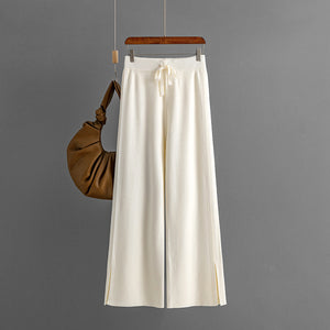 Side Slit Drawstring Garter Wide Leg Knitted Pants