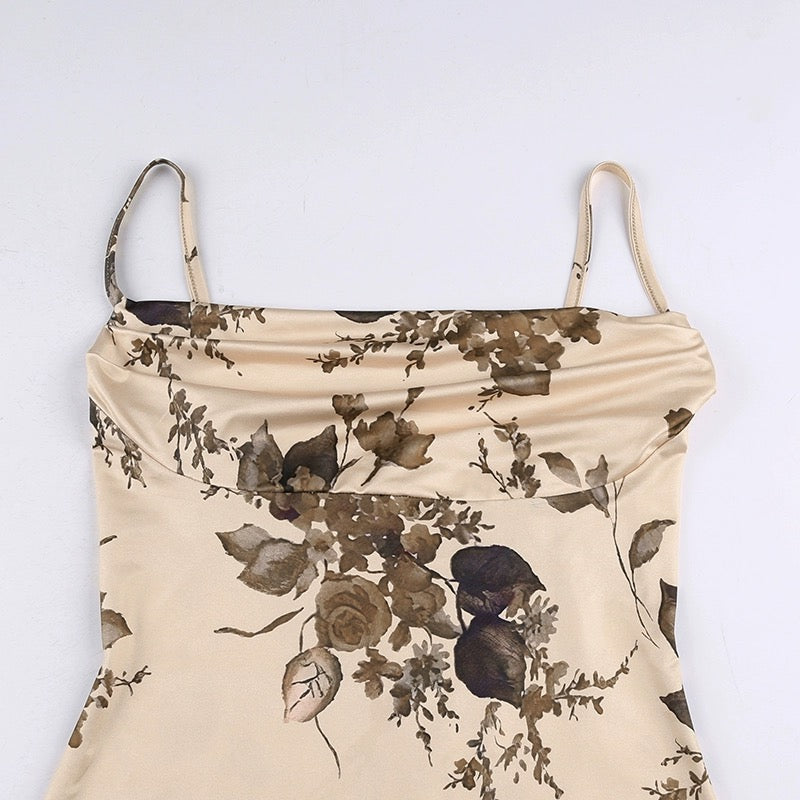 Square Neck Floral Pleated Upper Elegant Cami Dress