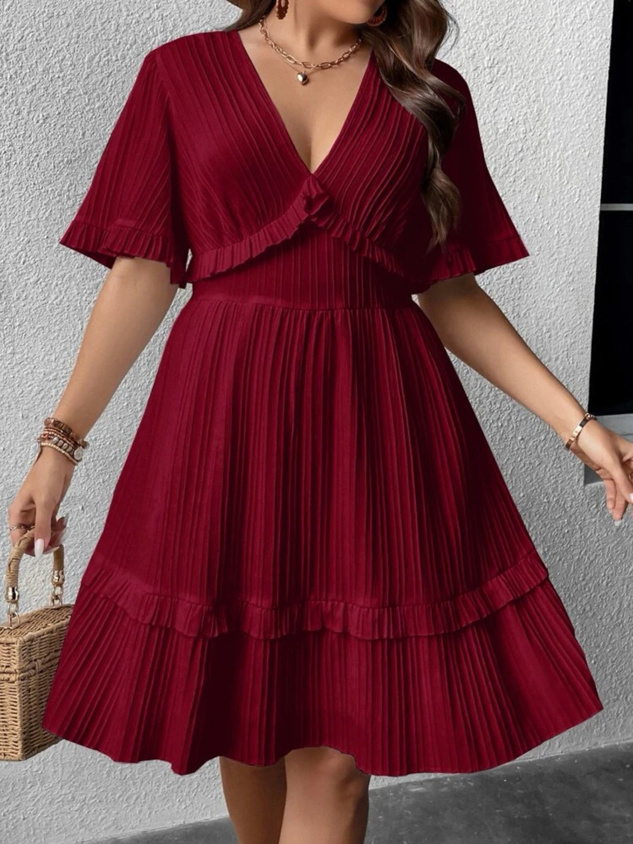 Trumpet Sleeve V-neck Ruffle Upper & Hem Plus Size Dress