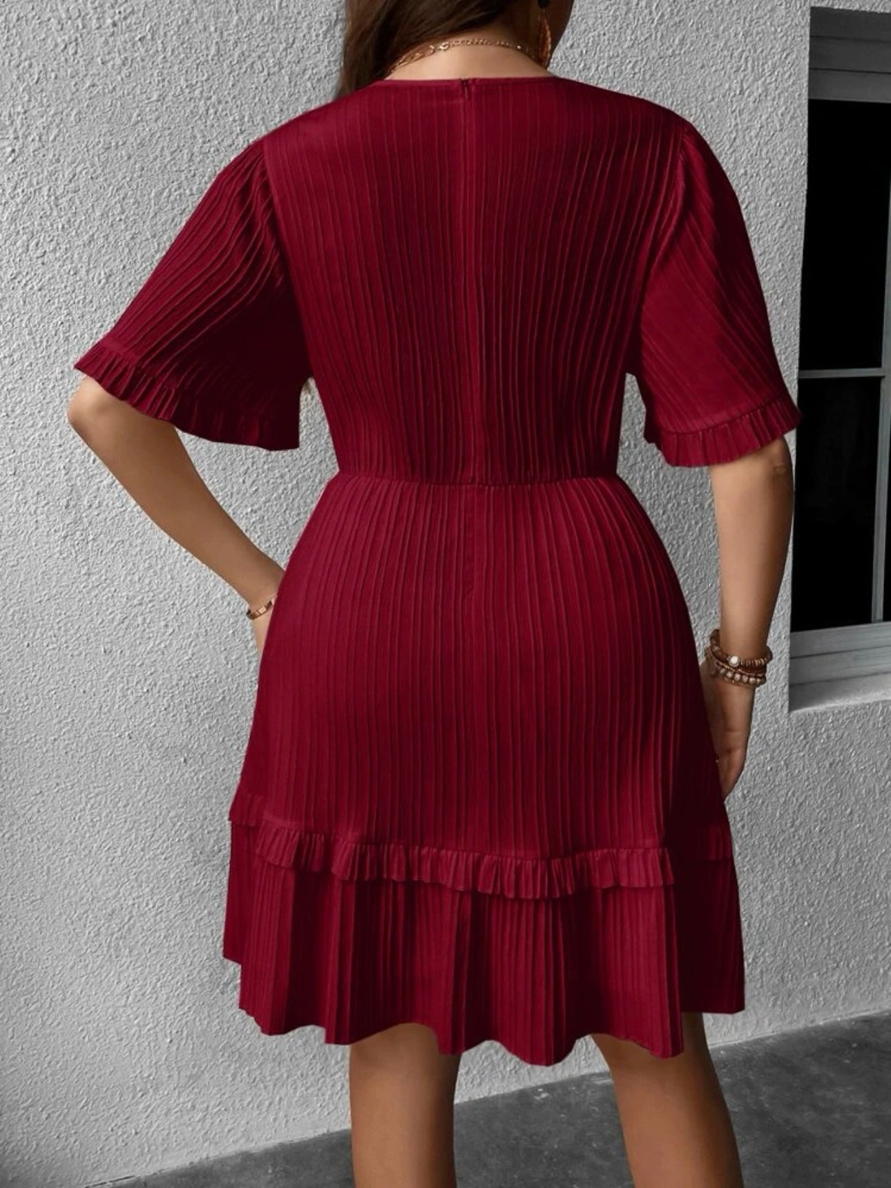 Trumpet Sleeve V-neck Ruffle Upper & Hem Plus Size Dress