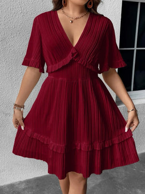 Trumpet Sleeve V-neck Ruffle Upper & Hem Plus Size Dress