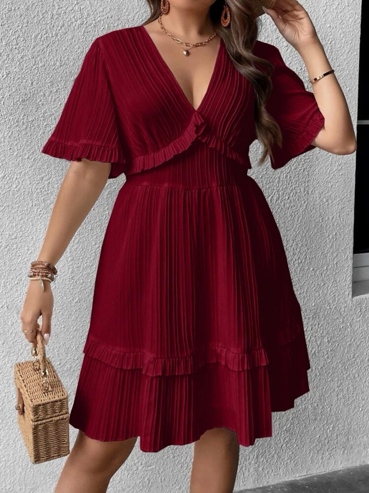 Trumpet Sleeve V-neck Ruffle Upper & Hem Plus Size Dress