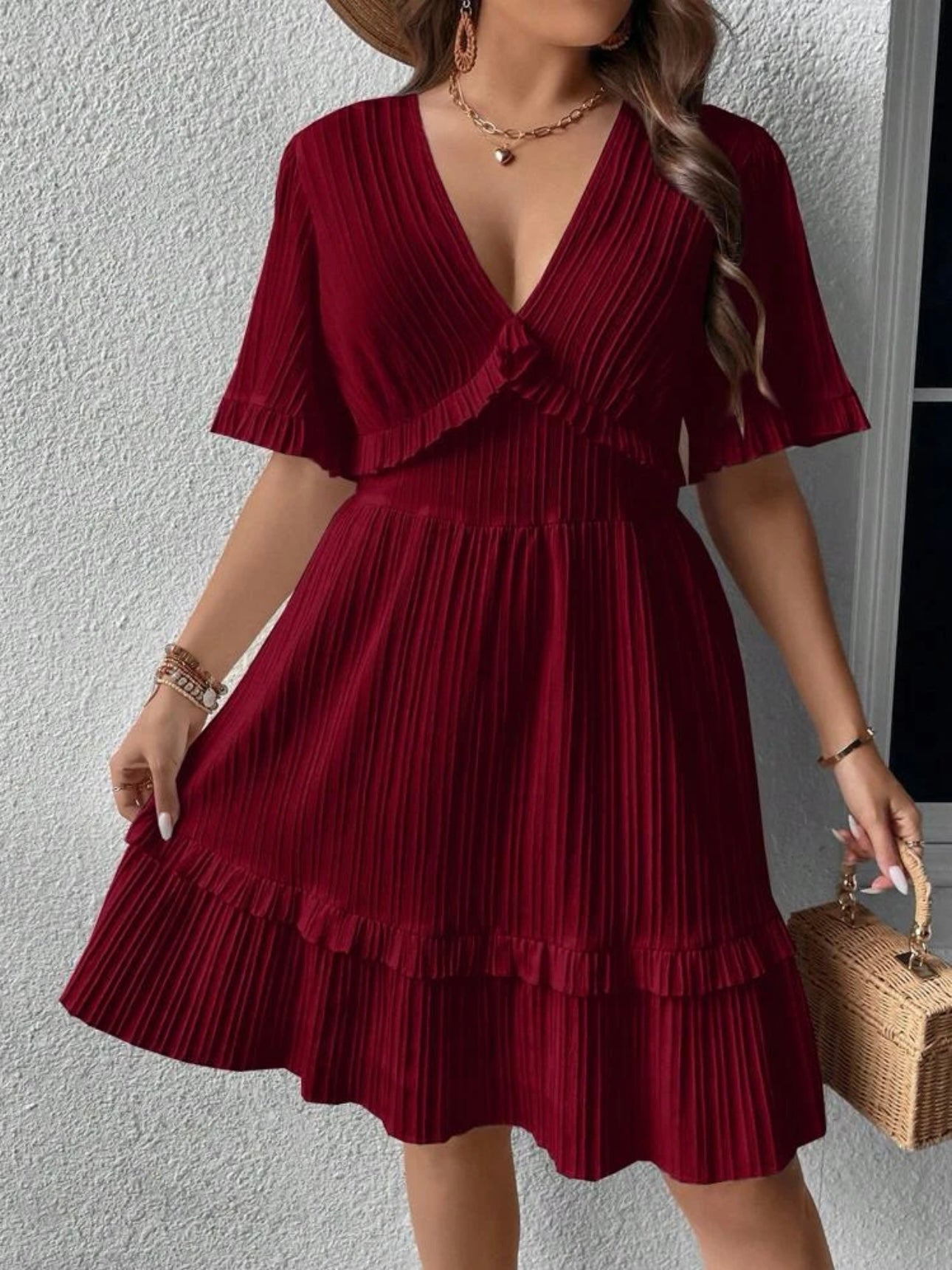 Trumpet Sleeve V-neck Ruffle Upper & Hem Plus Size Dress