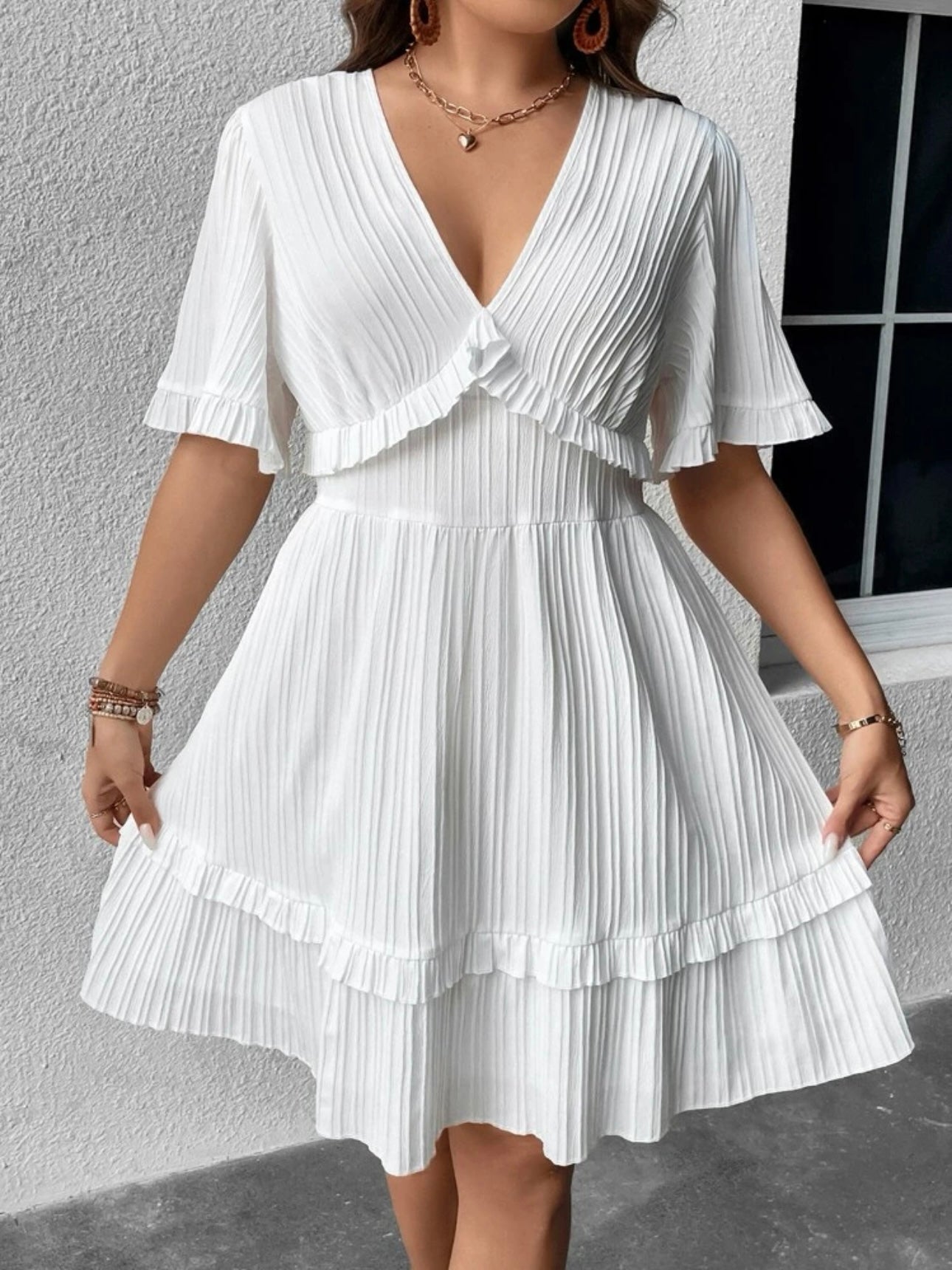 Trumpet Sleeve V-neck Ruffle Upper & Hem Plus Size Dress