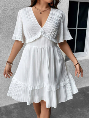 Trumpet Sleeve V-neck Ruffle Upper & Hem Plus Size Dress