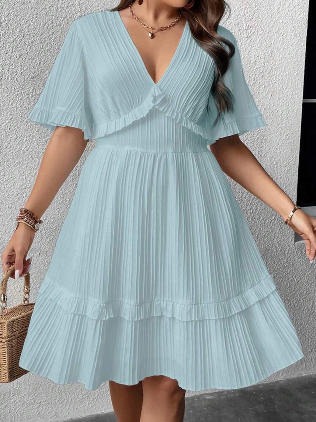 Trumpet Sleeve V-neck Ruffle Upper & Hem Plus Size Dress