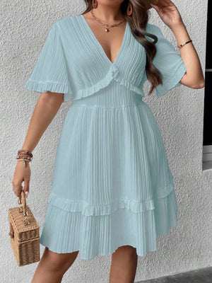 Trumpet Sleeve V-neck Ruffle Upper & Hem Plus Size Dress