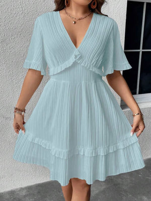 Trumpet Sleeve V-neck Ruffle Upper & Hem Plus Size Dress