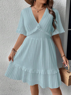 Trumpet Sleeve V-neck Ruffle Upper & Hem Plus Size Dress