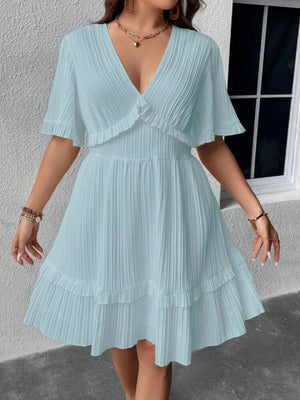 Trumpet Sleeve V-neck Ruffle Upper & Hem Plus Size Dress