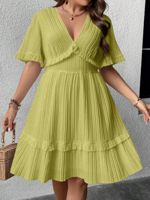 Trumpet Sleeve V-neck Ruffle Upper & Hem Plus Size Dress