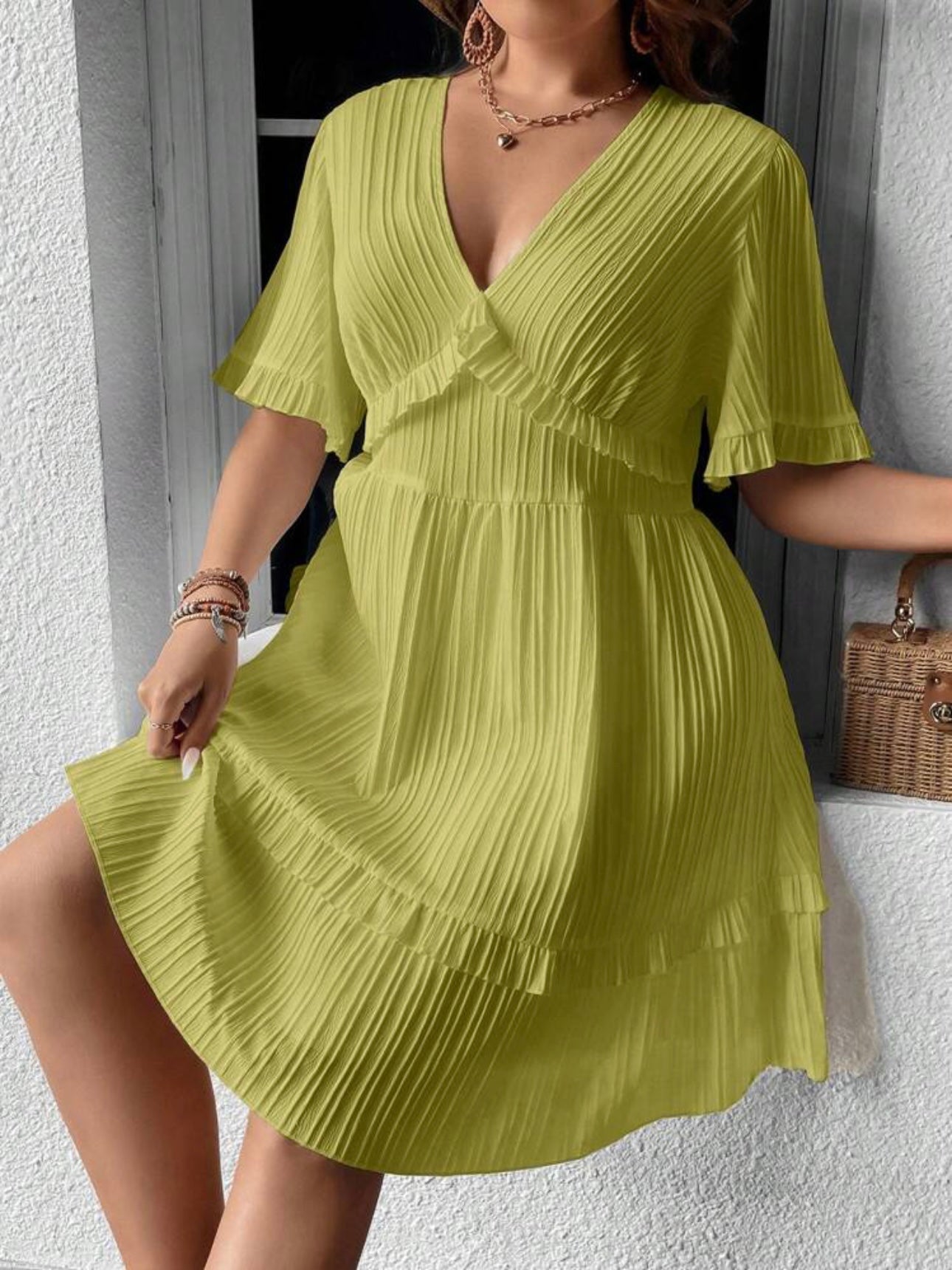 Trumpet Sleeve V-neck Ruffle Upper & Hem Plus Size Dress