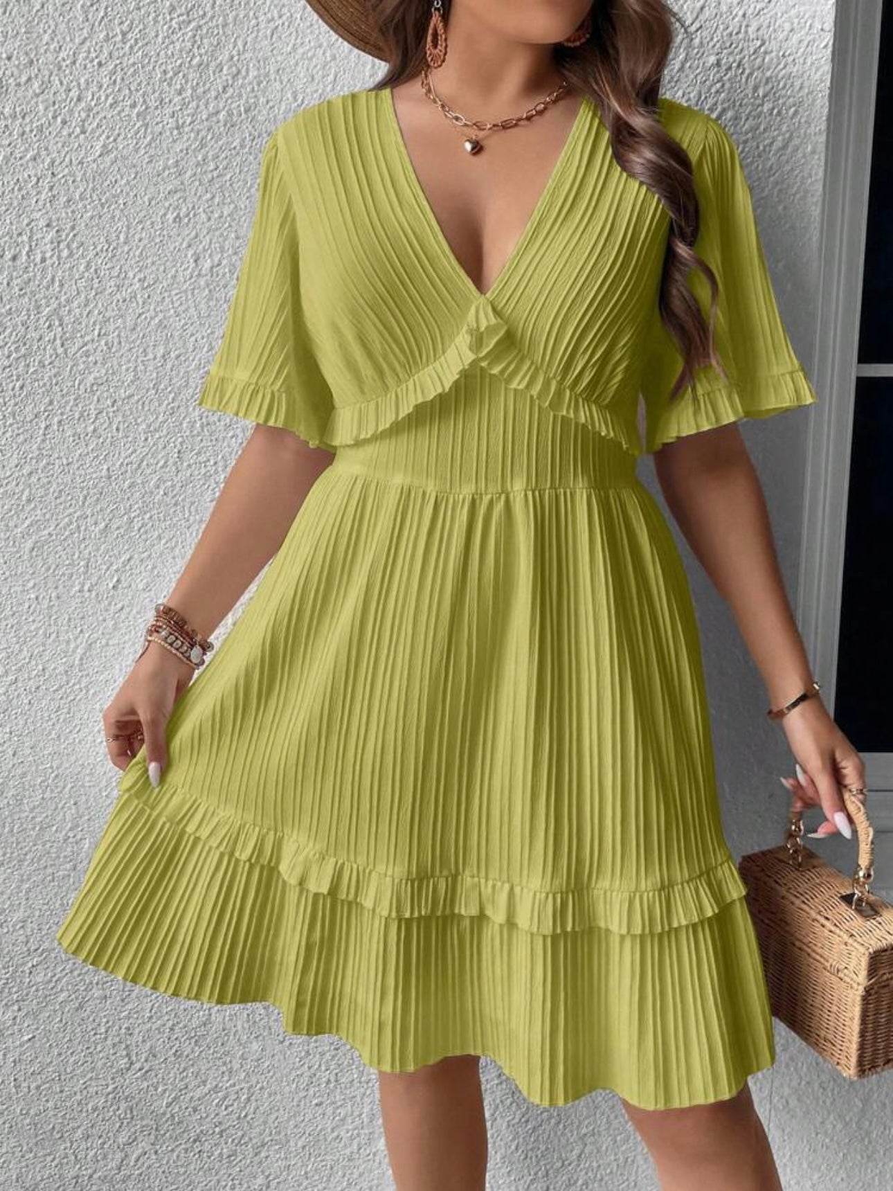 Trumpet Sleeve V-neck Ruffle Upper & Hem Plus Size Dress