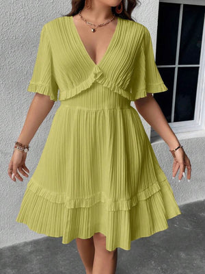 Trumpet Sleeve V-neck Ruffle Upper & Hem Plus Size Dress