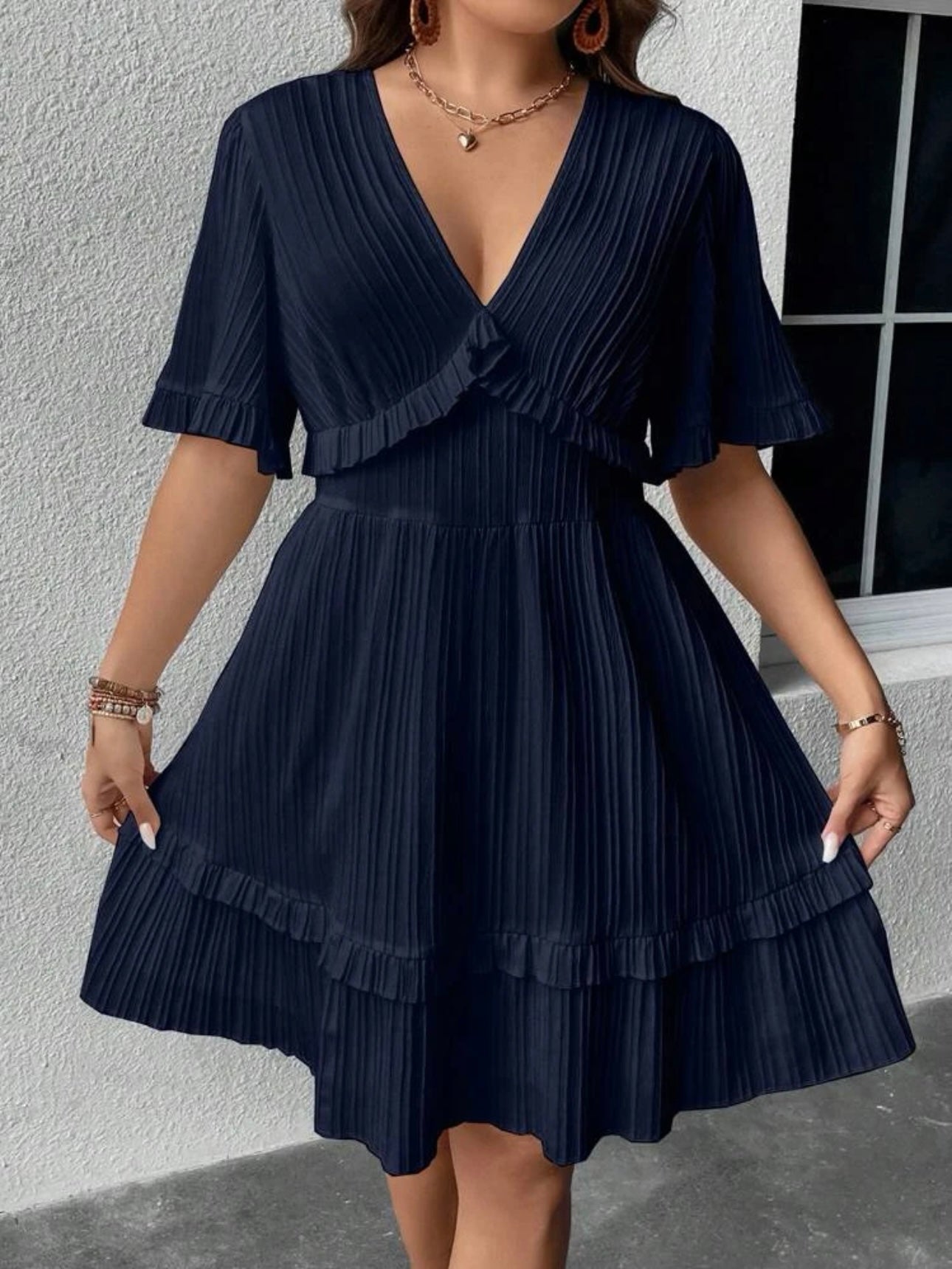 Trumpet Sleeve V-neck Ruffle Upper & Hem Plus Size Dress