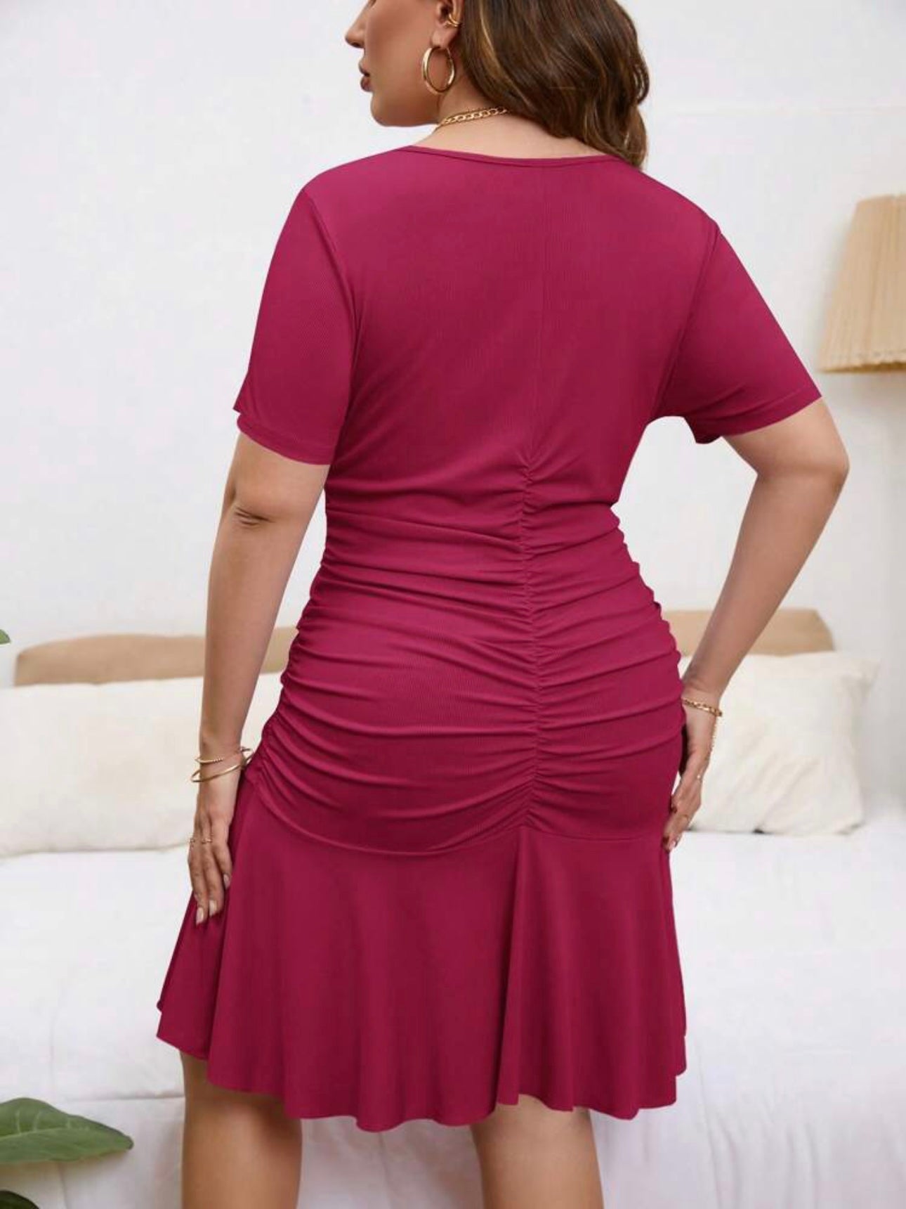 V-neck Elastic Ruched Front Ruffle Hem Plus Size Dress