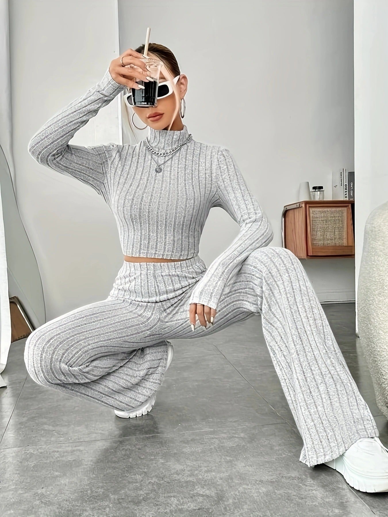 Turtle Neck Long Sleeve Top & Garter Pants 2 in 1 Terno Set Coords