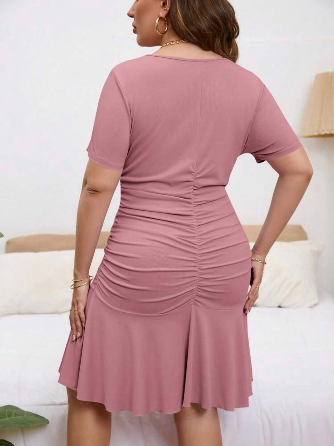 V-neck Elastic Ruched Front Ruffle Hem Plus Size Dress