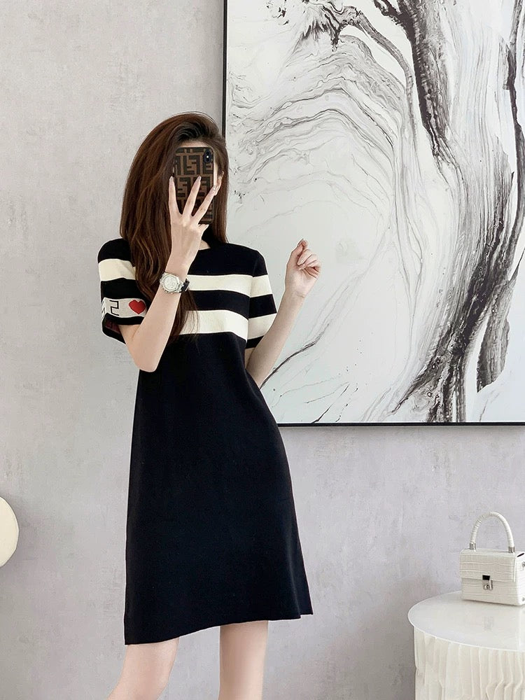 Stripe Embroidery Heart Knitted Dress