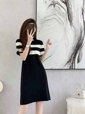 Stripe Embroidery Heart Knitted Dress