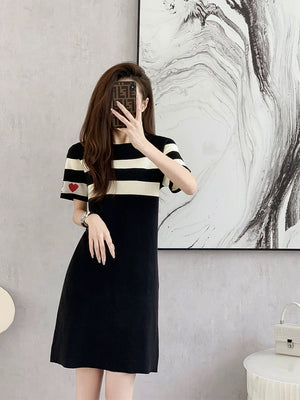 Stripe Embroidery Heart Knitted Dress